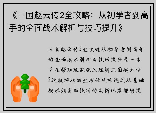 《三国赵云传2全攻略：从初学者到高手的全面战术解析与技巧提升》