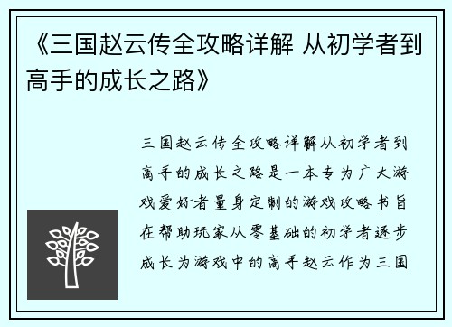 《三国赵云传全攻略详解 从初学者到高手的成长之路》