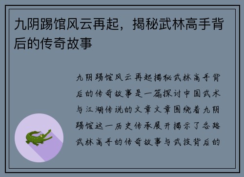 九阴踢馆风云再起，揭秘武林高手背后的传奇故事
