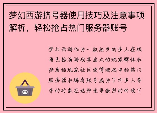 梦幻西游挤号器使用技巧及注意事项解析，轻松抢占热门服务器账号